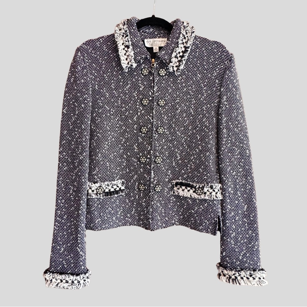 St. John Collection by Marie Gray Black and White Tweed Knit Zip Blazer Fringe